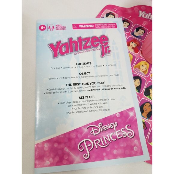 Yahtzee Jr Disney Princess Board Game Dice Ariel Rapunzel Tiana Mulan Complete - Picture 4 of 15